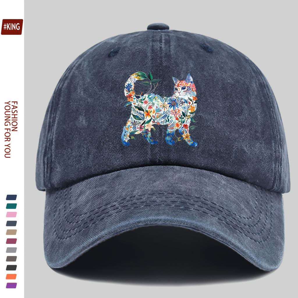 Floral Cat Print Baseball Cap Cotton Adjustable Unisex Casual Sports Outdoor Snapback Hat