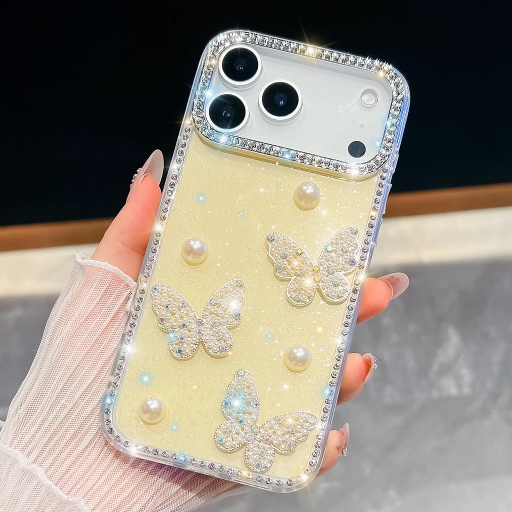 Jewelled Border Pearl Butterfly Glitter Phone Case for IPhone 17 Air 16E 17 16 15 14 13 Pro Max Transparent Cover