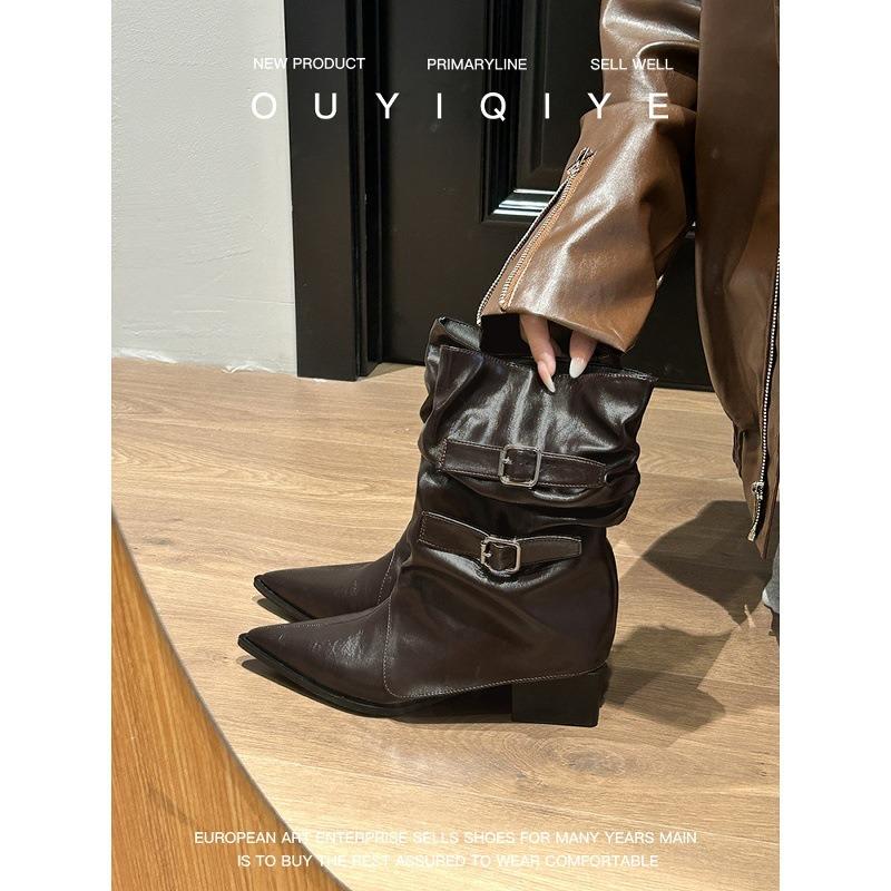 Cowhide version~ pointed western cowboy boots women's autumn and winter thin Maillard short boots retro thick heel medium tube knight boots