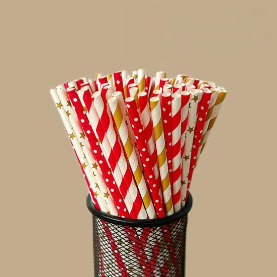 100Pcs Biodegradable Paper Straws Colorful Striped Print Food-Grade Safe Drinking Straws Party Supplies