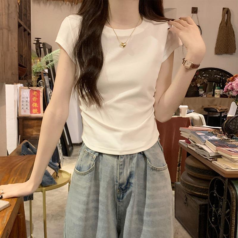 Front Shoulder Crew Neck Short Sleeve T-Shirt Women's Summer Design Sense Waist Skinny Curved Hoop Short Xiaofei Sleeve Slim Top