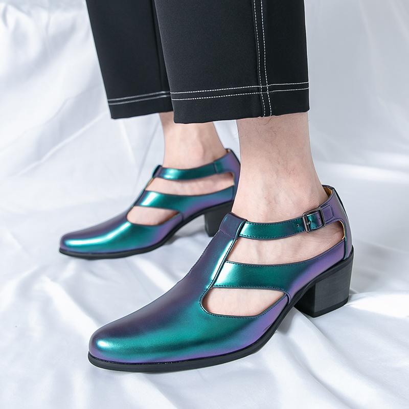 Summer Men’s Silver Sandals Mules Dance Dress Prom Shoes Gold Stylish High Heel Leather Shoes Plus Size