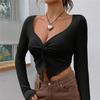 Ladies Spring Summer Long Sleeve V Neck Solid Color Knot Irregular Pullover Casual T Shirt Crop Top