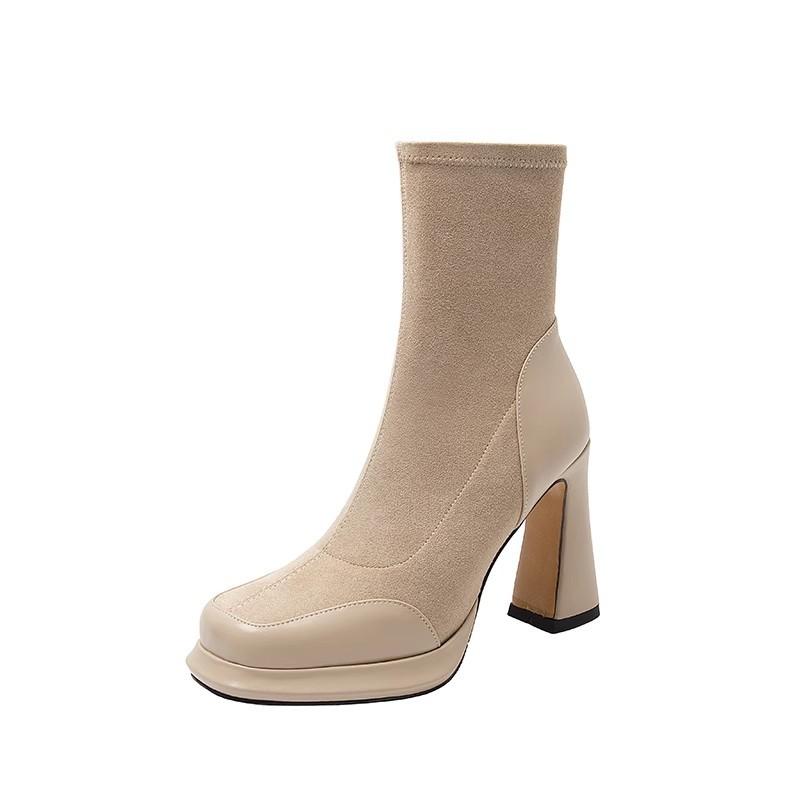 Chunky Heel Short Boots for Women Autumn Winter Splicing Waterproof Platform Skinny Boots Suede Temperament High-heeled