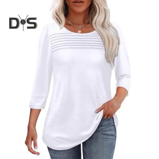 Damen-Oberteile, Rundhalsausschnitt, 3/4-Ärmel, plissierte Bluse, Frühling/Sommer, einfarbig, lockere Passform, lässiges T-Shirt für den Alltag