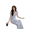 Korean Lace Splicing Fake Two Pieces French Temperament Waist Thin Dress Women's Summer Square Neck Bow Long Dress