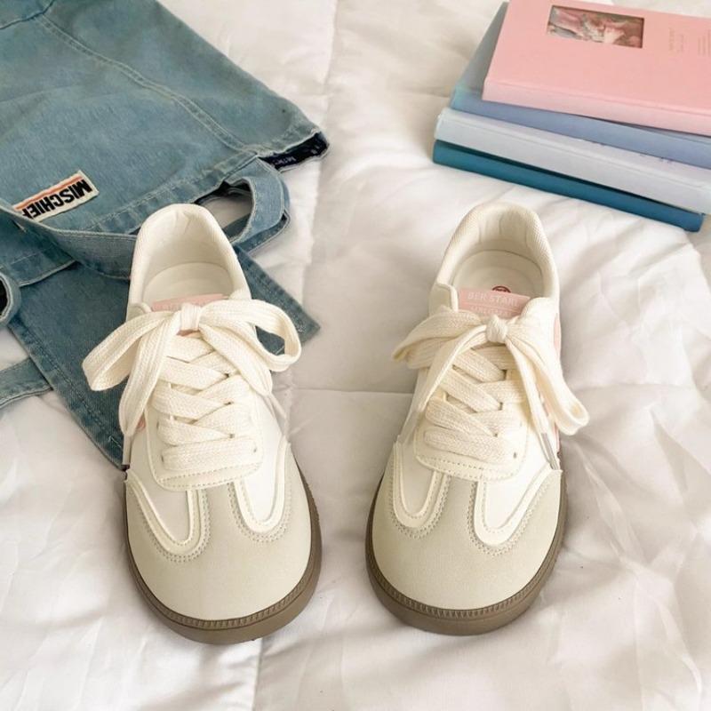 Retro Fashion Women's New Round Head Flat Baseplate Shoes College Style Casual Lace-up Little White Shoes
