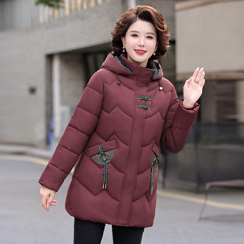 

Winter Warm Chinese Style Cotton Coat Hooded Jacket for Women Fashion Mom Outerwear 5XL