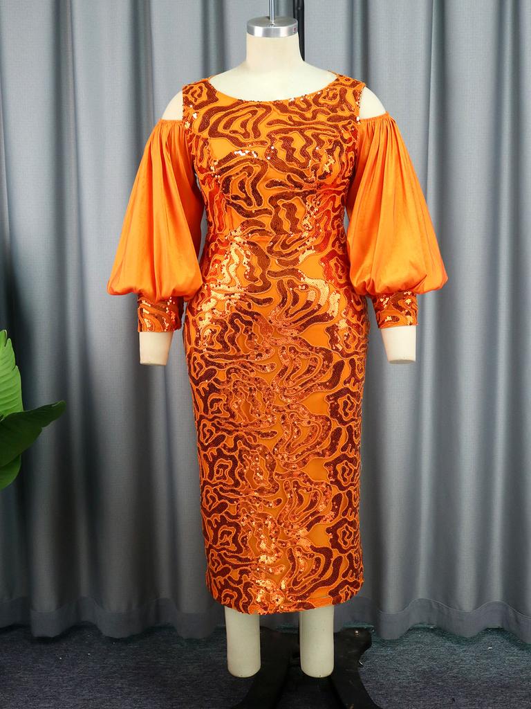 AOMEI Dlouhé flitrové šaty pro ženy Lampionový rukáv na studených ramenou Třpytivé bodycon Večerní narozeninové šaty na párty s koktejlem