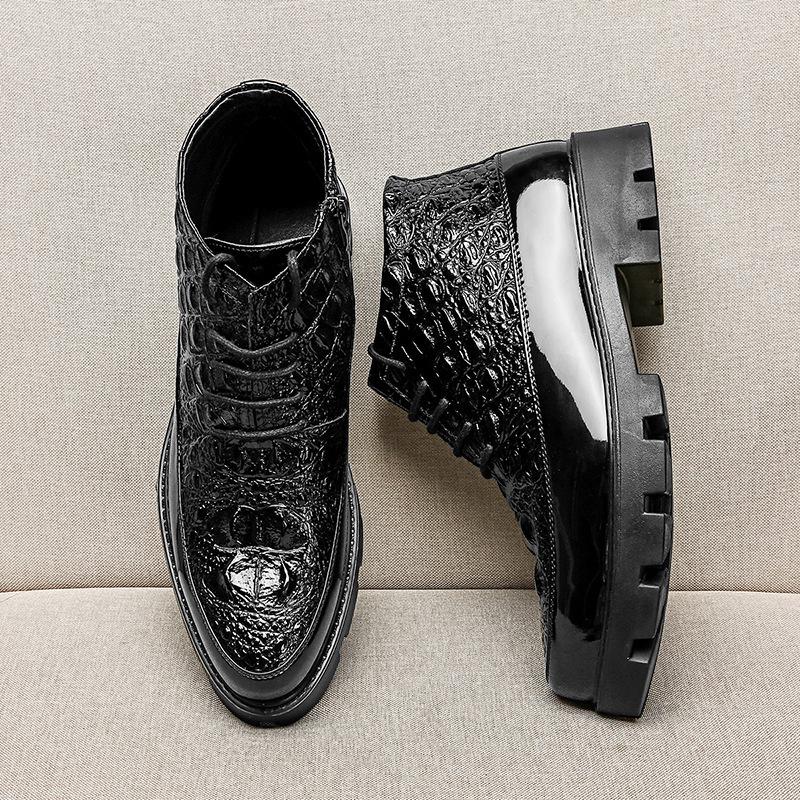 Embossed Men's High-Top Patent Leather Shoes, Autumn/Winter 2022 Korean Style Youth Thick-Soled Zipper British Design