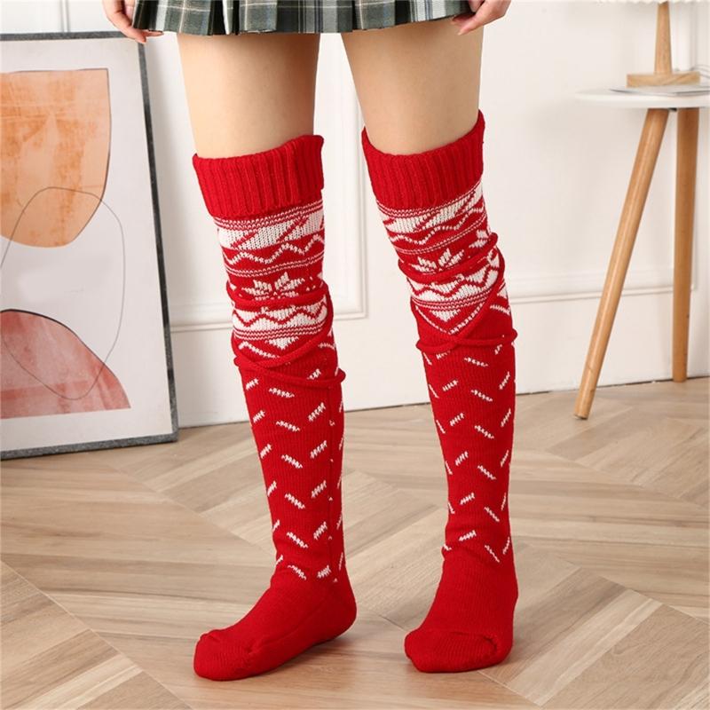 Womens Christmas Knitted Thigh High Socks with Strappy Ties Snowflake Print Over Knee Boot Stockings Winter Leg Warmers