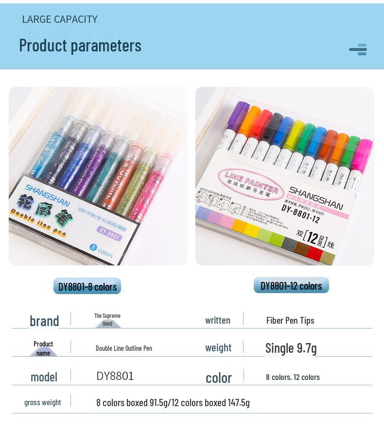 Children's Dual-Line Outline Highlighter Pen Set - 8 or 12 Colors for Drawing and Journaling