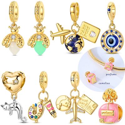 Pink Perfume Bottle Airplane Pendant Heart Cat Drawing Board Firefly Original Copper Beads Fit Bracelet Jewelry Diy Women