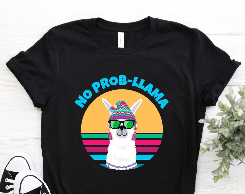 Funny No Prob Llama Alpaca Lover T-Shirt, Vintage Love Cute Baby Llamas Birthday Squad Gift Tshirt, Teacher School Party Present Tee Shirts