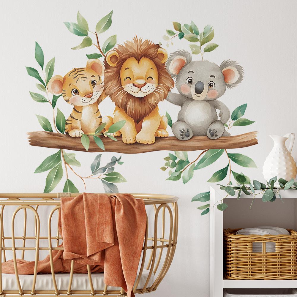 Kreslený Lev Tygr Koala Zelené Rostliny Pozadí Samolepka na Zeď Samolepicí Odnímatelná do Dětského Pokojíčku Domácí Dekorace na Zeď