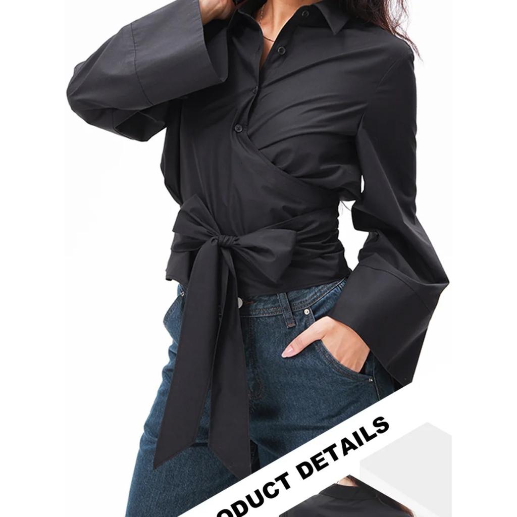 New Women's Fashion Casual Polo Neck Bow Tie Up Short Edition Double Breasted Poplin Shirt