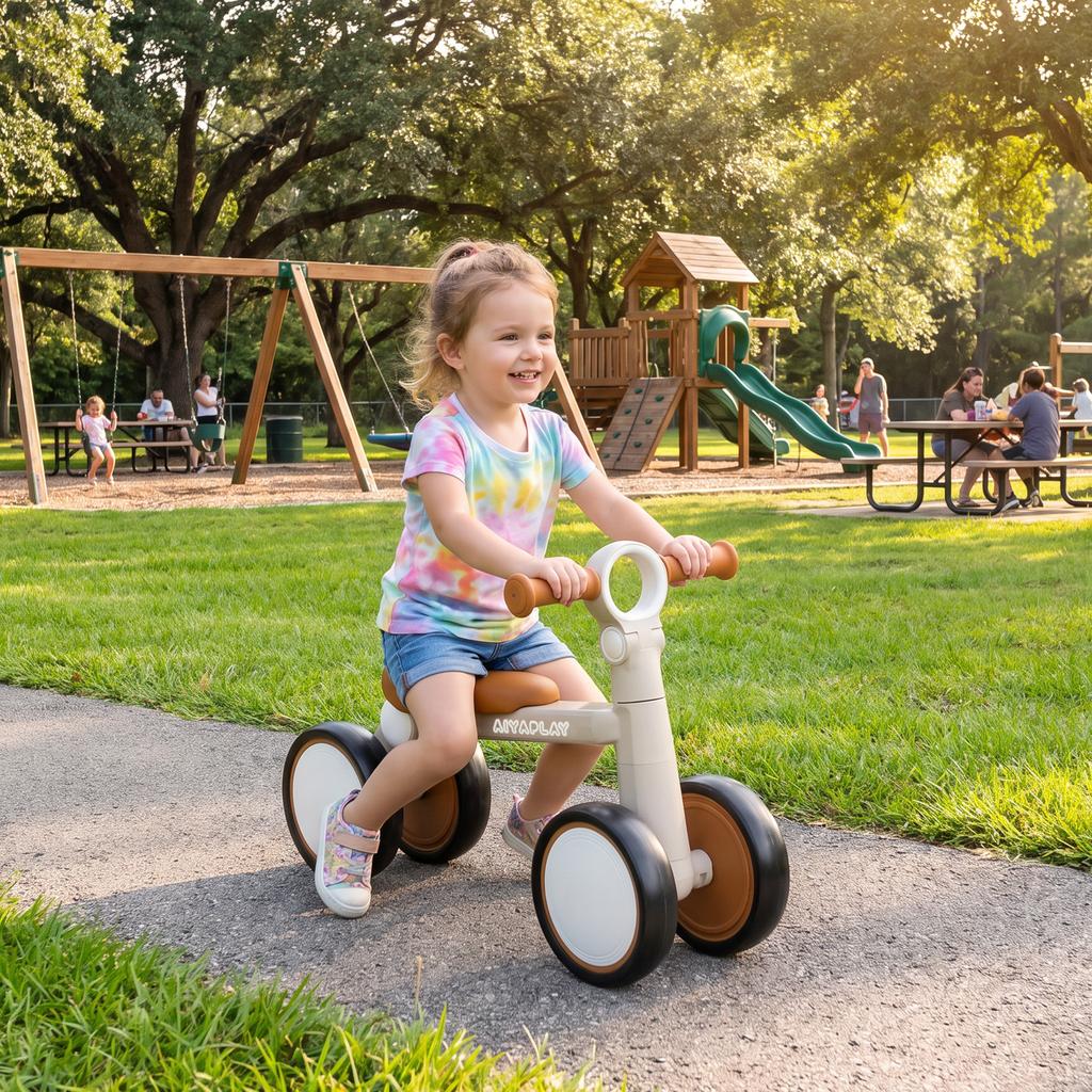 Balance Bike, Lightweight Baby Balance Bike with Foldable Design, Adjustable Seat, No Pedal for 1-2 Years, Cream White