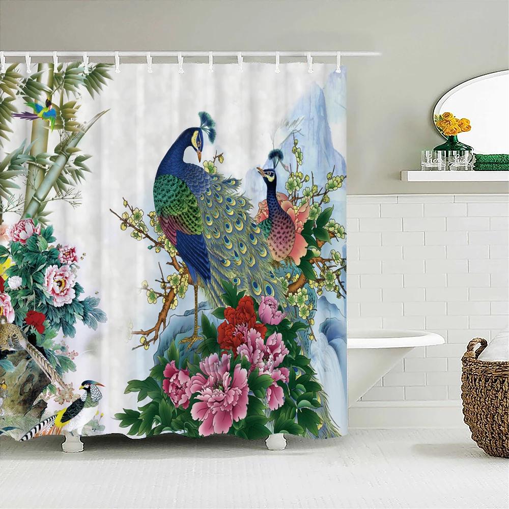Peacocks Shower Curtains Chinese Birds Feather Bathroom Curtains Retro Flower Waterproof Polyester Bathtub Screen With Hooks