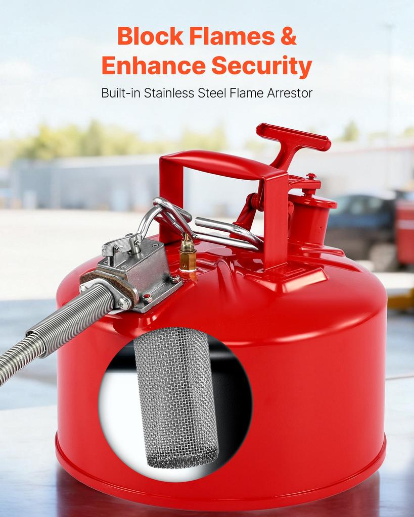 VEVOR Safety Gas Can, 9.5 L Type II Red Safety Can for Gasoline with Stainless Steel Flame Arrester, Self-Closing Lid, and Flexible Metal Spout