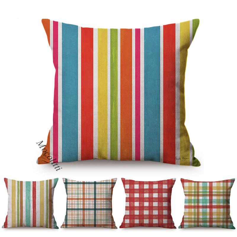 Monika Chen Unisex Colorful Geometric Cotton Linen Throw Pillow Case Geometry Stripe Living Room Sofa Decoration Cushion Cover Cojines