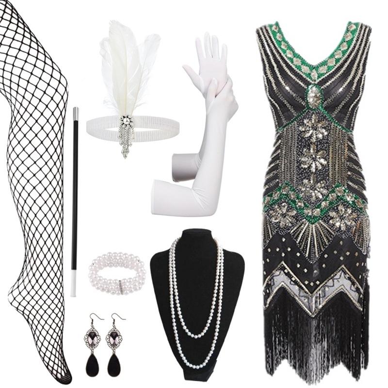 Hot Sale Vintage Sequins Tassel Dress Prom Evening Dress Accessories Set
