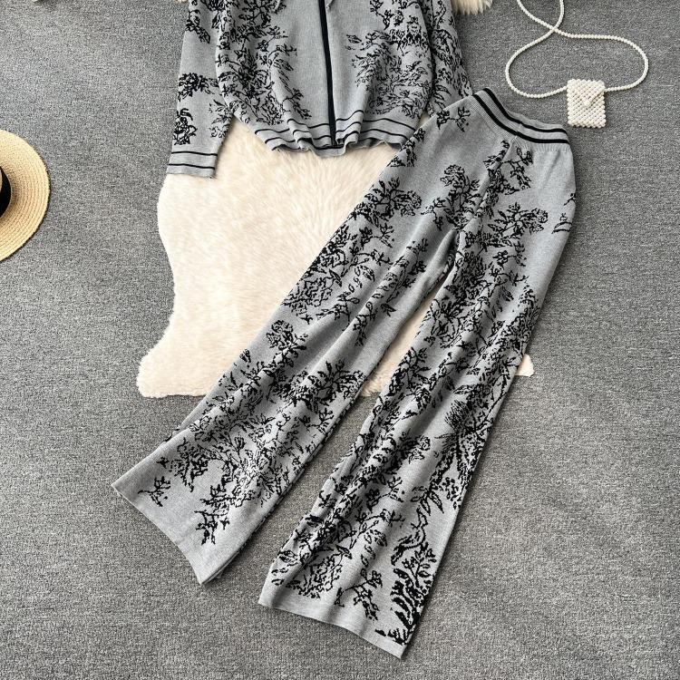 Damen Premium Print Kapuzenpullover Hohe Taille Weite Beinhosen Lässige Sport Strickwaren Zweiteiliges Set Mode Altersreduzierend