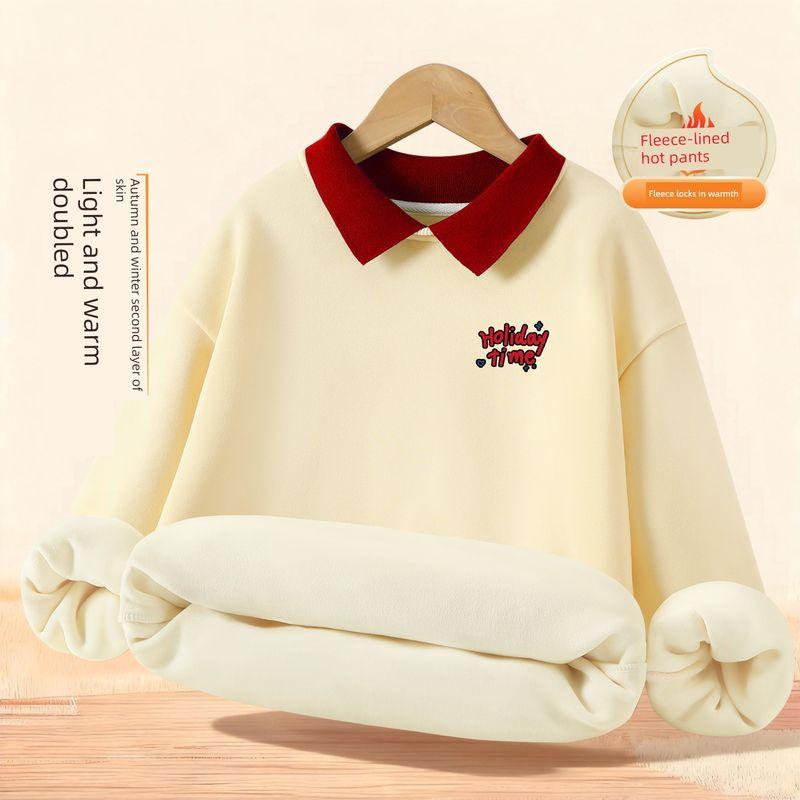 Girls' Sweatshirt Autumn and Winter Style A-Class Children's Autumn Clothing Fleece-Lined Thickened Warm Long-Sleeve T-Shirt Girls' Collared Top
