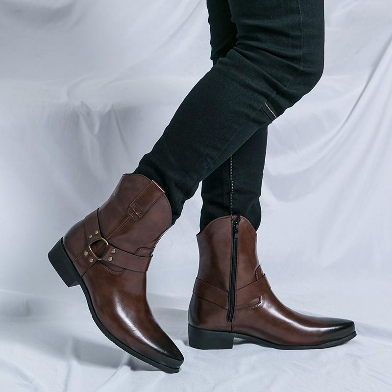 Men’s Western Boots Pointed Toe Casual Retro Dress Zipper Leather Boots Men’s Mid-calf Boots Plus Size