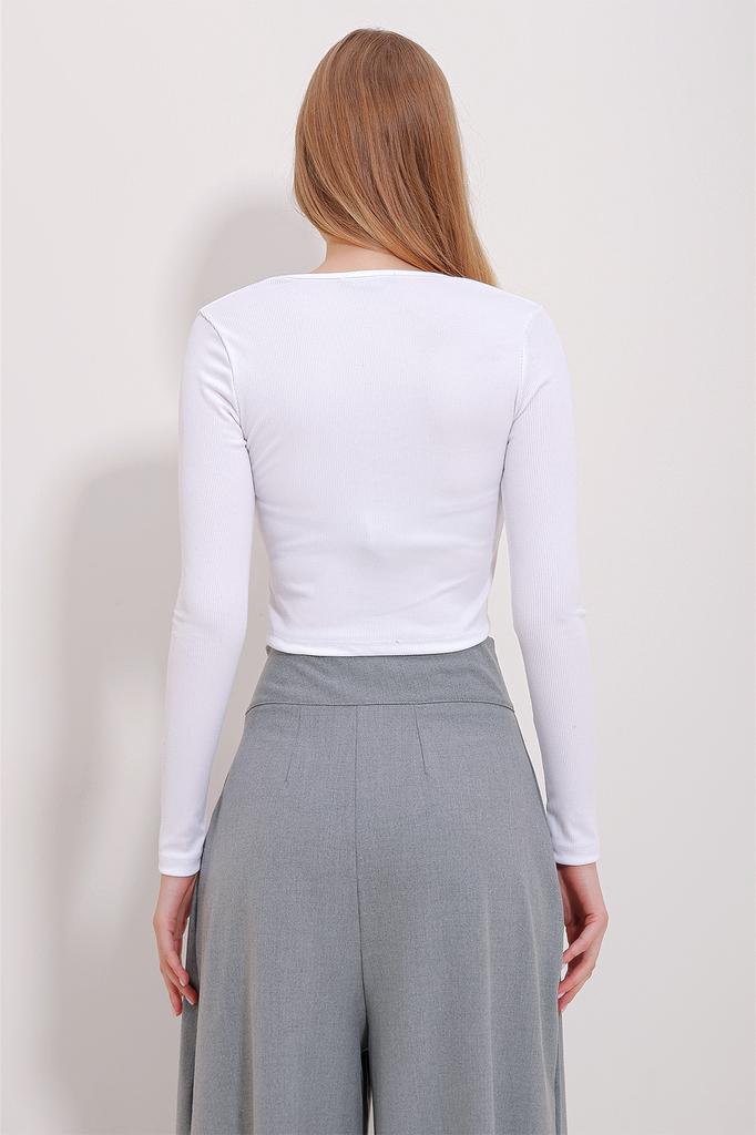 Damenbluse Neue Saison Mode Weiß Rundhals Vorne Glitzer-Schnürung Crop-Bluse