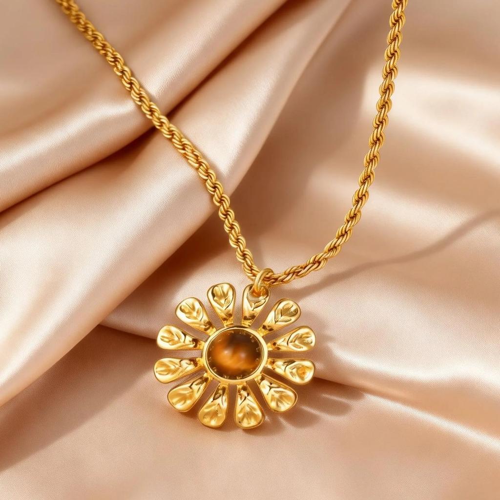 Fashion Gold Plated Flower Pendant Necklace for Women Round Natural Tiger Eye Stone Stainless Steel Necklace Waterproof Jewelry