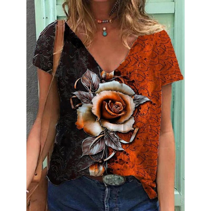 Summer V-neck Butterfly Flower Pattern 3D Printed Top Fashionable Casual Short Sleeved Women's T-shirts