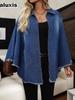 Women's Denim Jacket Autumn Winter Fashion Loose Stand Collar Batwing Sleeve Coat