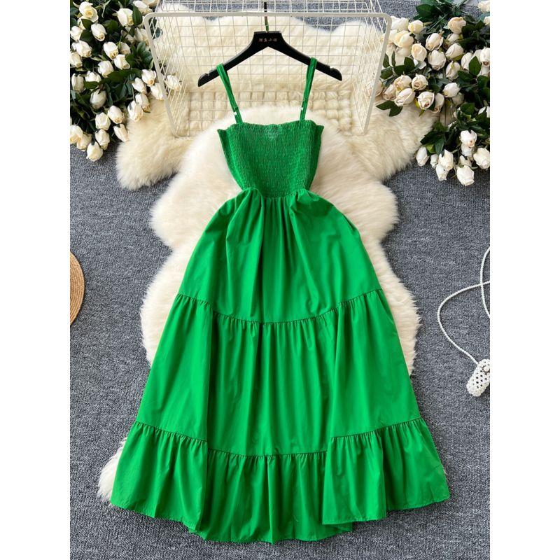 Sling Dress Women's 2024 Summer Dress New Arrival Elastic Tight Waist Slim Looking Sleeveless Tube Top Ruffles Long Dress