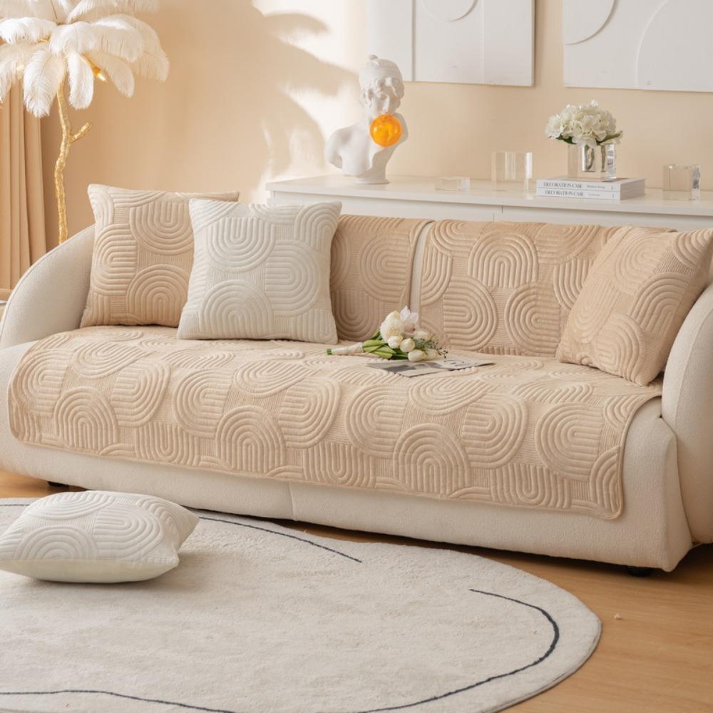 Winter Sofa Slipcover Thickened Flannel Quilted Anti Slip Couch Cover Solid Color