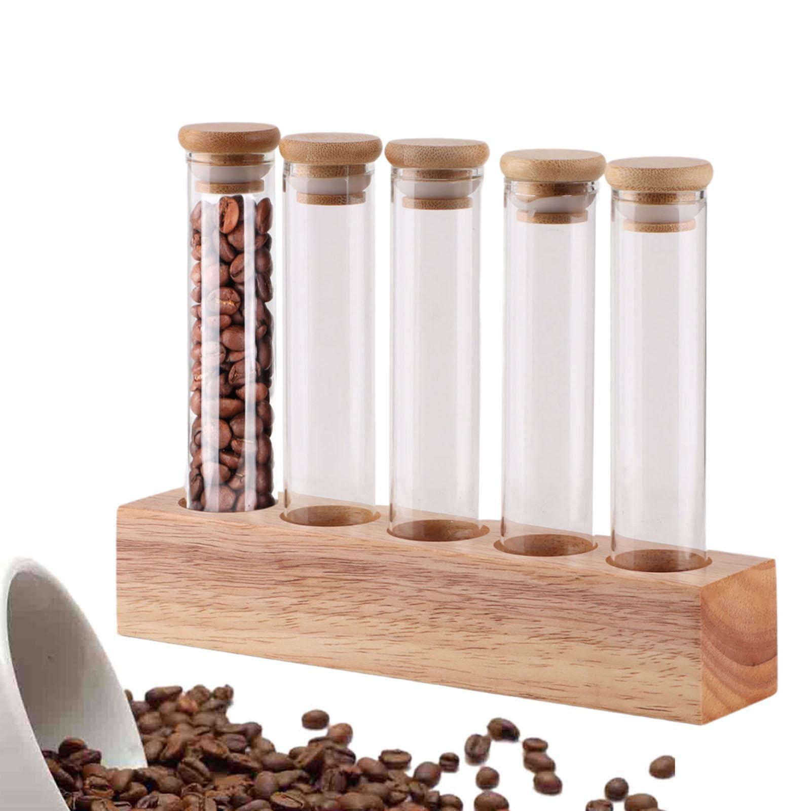 

Wooden Base Coffee Bean Display Stand with 5 Clear Glass Tubes for Cafe Bar Counter Storage Type A