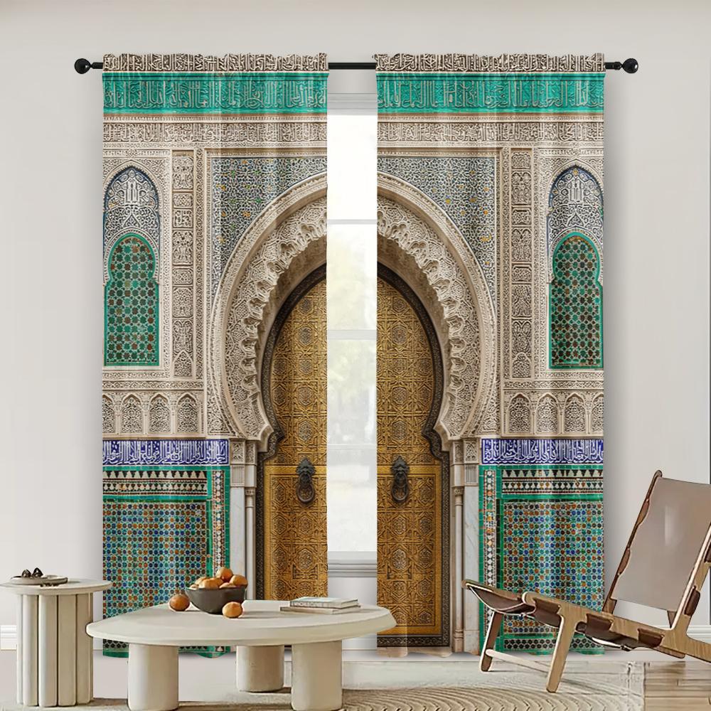 2pcs   Spring Summer Curtains Vintage Morocco Palace Door Print Semi-Sheer Curtains Durable 100% Polyester Fabric Decorations