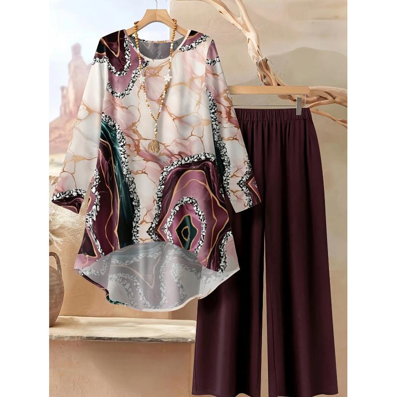 1116 Floral Print Suit Women's Long Sleeve Irregular Hoop Wide Leg Pants Casual Summer Large Size
