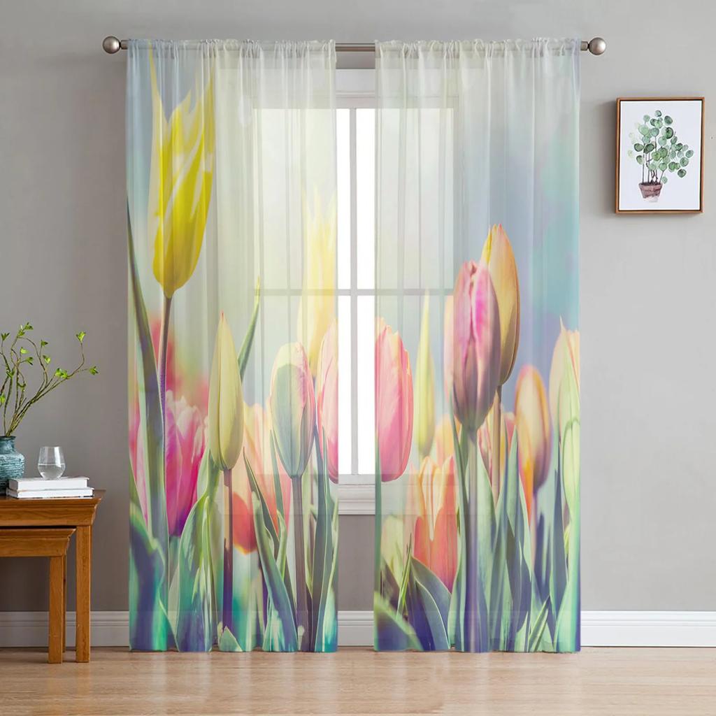 Spring Tulips Easter Mother Day Flowers Tulle Curtains Living Room Home Kitchen Decor Bedroom Window Drapes Light Filtering Made Of Polyester Sitting