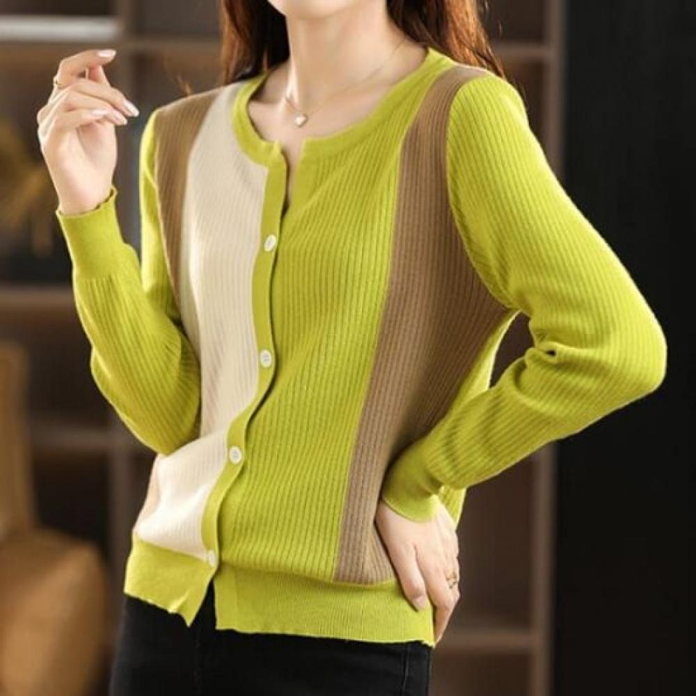 Navava Women Ribbed Color Block Long Sleeve Knit Cardigan Nk3149