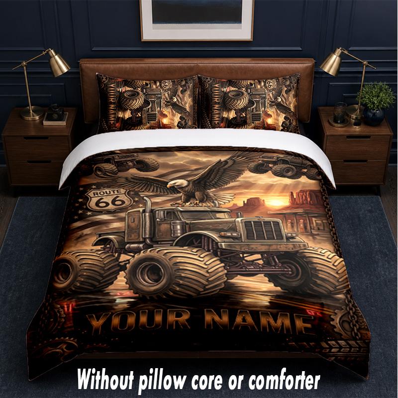 Set de așternut cu tematică Monster Truck, text sau nume personalizat, 3 piese, 1 cearșaf plat și 2 fețe de pernă, așternut personalizat pentru casă