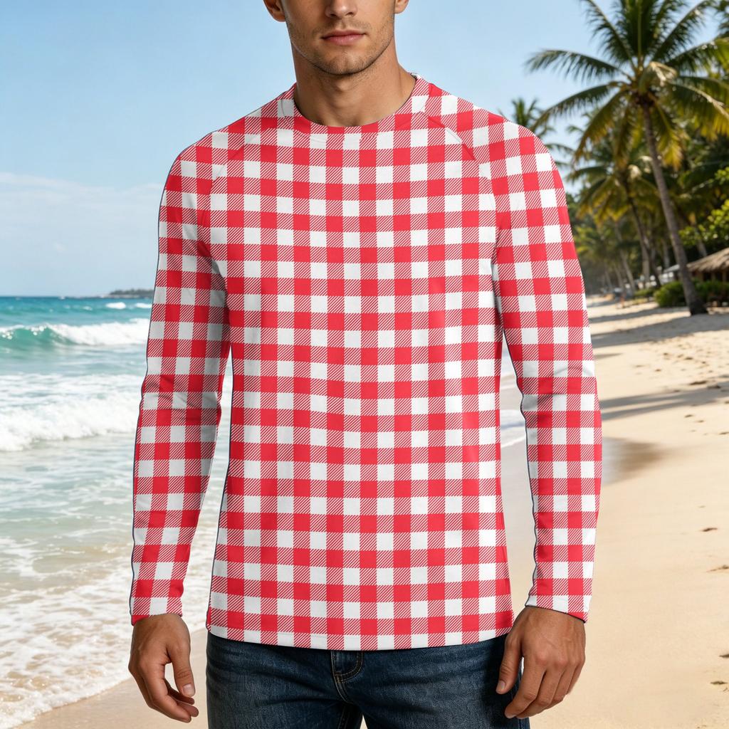 Men Long Sleeve UPF 50 Plus Sun Protection Shirt Outdoor Sports Fishing Casual Top Lightweight Breathable Quick Dry Crewneck Plaid Design