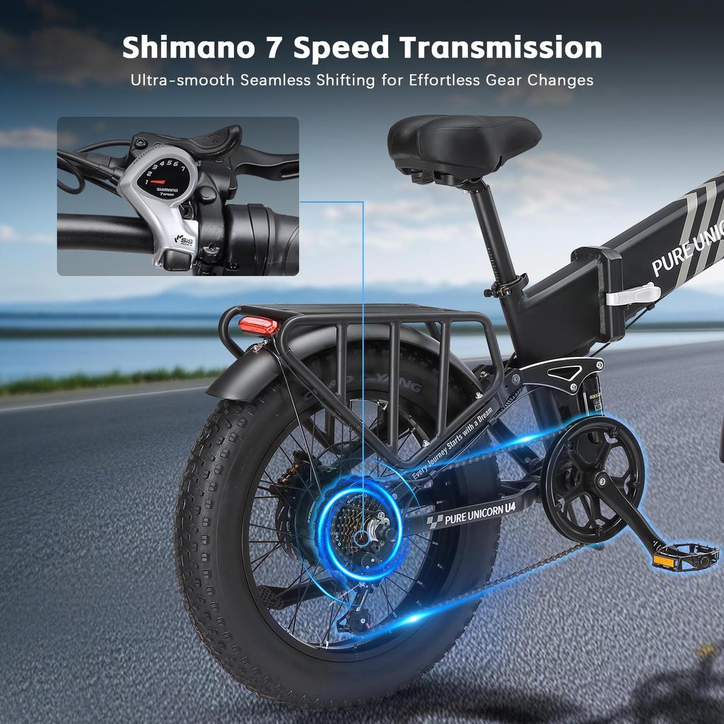 PURE UNICORN U4 Folding Electric Bike 1000W Motor 48V 15Ah Battery 20*4 inch Fat Tires 48km/h Max Speed 60km Range Shimano 7-speed