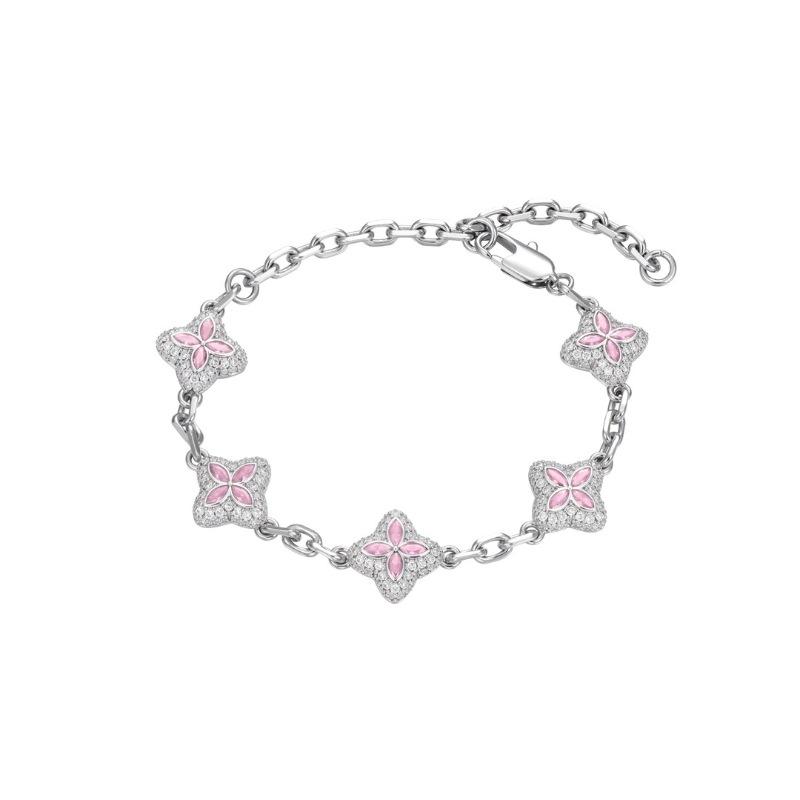 Vintage Antique Light Luxury Thousand Gold Feeling Emerald Pink Diamond Four-Leaf Clover Bracelet High-End Exquisite Design Jewelry