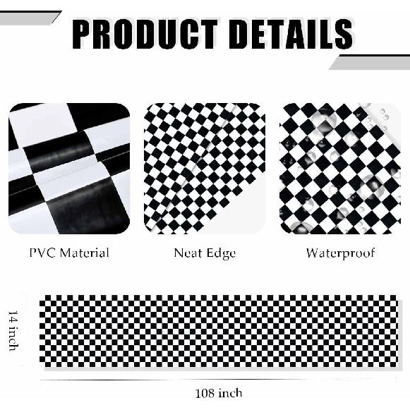 6 Pcs Checkered Table Runner Plastic 14 x 108 Inch Disposable Black and White Runner for Birthday Baby Shower Racing Party Decorations Race Car Table