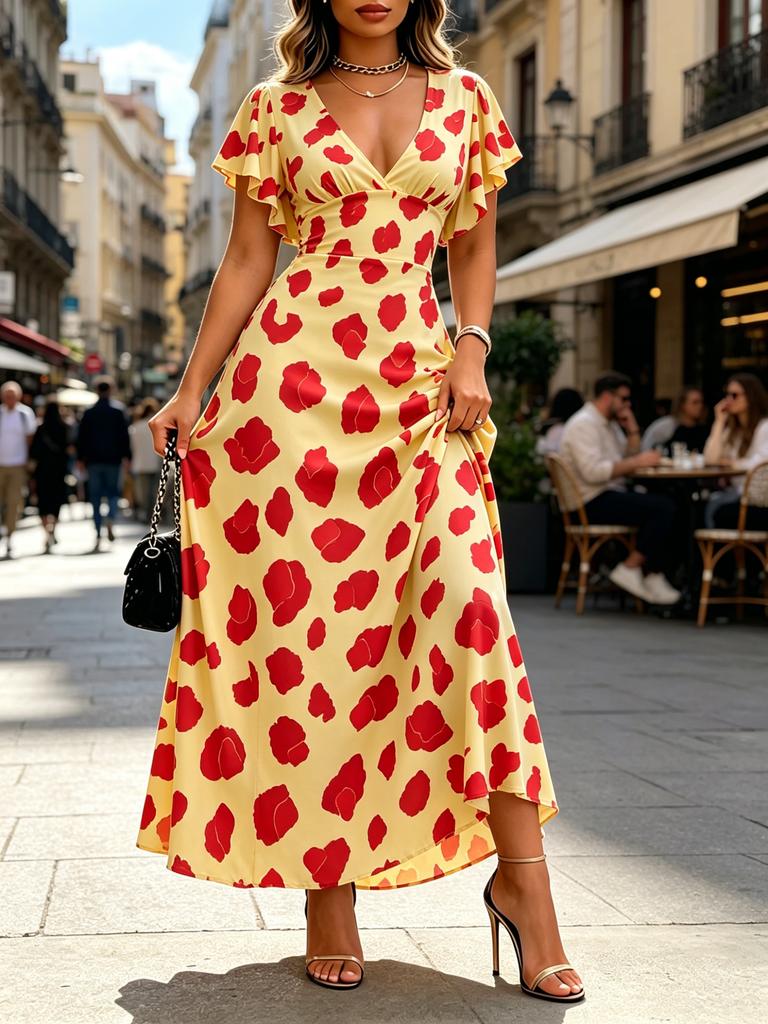 Women's Printed Maxi Dress V Neck Ruffle Sleeve High Waist Elegant Summer Casual Dress