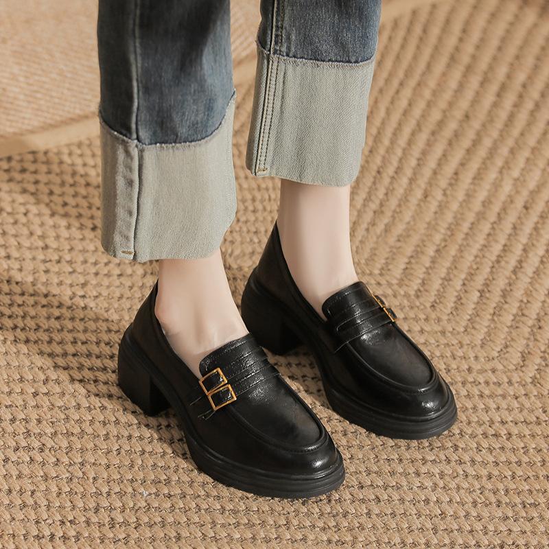 Women's Loafers 2026 Autumn New Comfortable Height Increase Slip on Leather Shoes Fashion Metal Decoration Non Slip High Heels