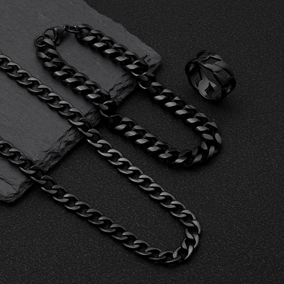 

Чоловічий набір ювелірних виробів з 3 предметів, чорний кубинський ланцюжок, браслет, каблучка, дизайн у вінтажному стилі, елегантний вибір 9&60cm чорний