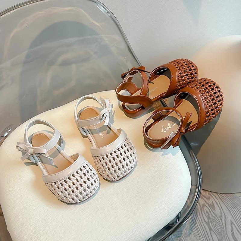 Kleinkind Mädchen Sandalen Kinder Sommer Sandalen Einfarbig Aussparungen Kinder Lässige Gewebte Mode Lauf Flache Sandalen Seite Schleife