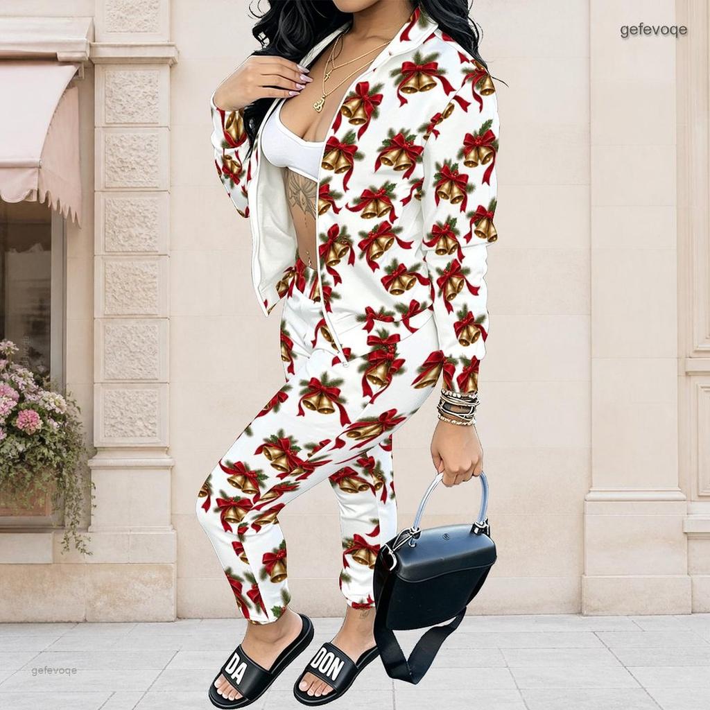 Women Plus Size Stand Collar Long Sleeve Zip Jacket And Pants White Teddy Bear Printed Two Piece Set