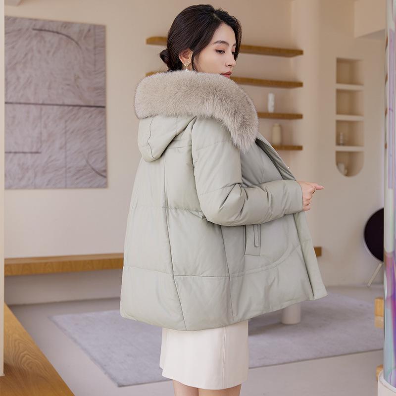 New Winter Genuine Leather Jacket, Sheepskin Korean Style Loose Hooded Goose Down Jacket, Simple, Fashionable and Versatile